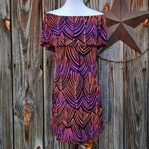 Off Shoulder Dress Trina Turk Merci Size S Navy Neon Orange Purple Print Ruffle - Picture 3 of 9